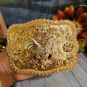 Rooster Cowboy Belt Buckle Western Hebilla Silver & Rosetone Rhinestone 4x3.5"